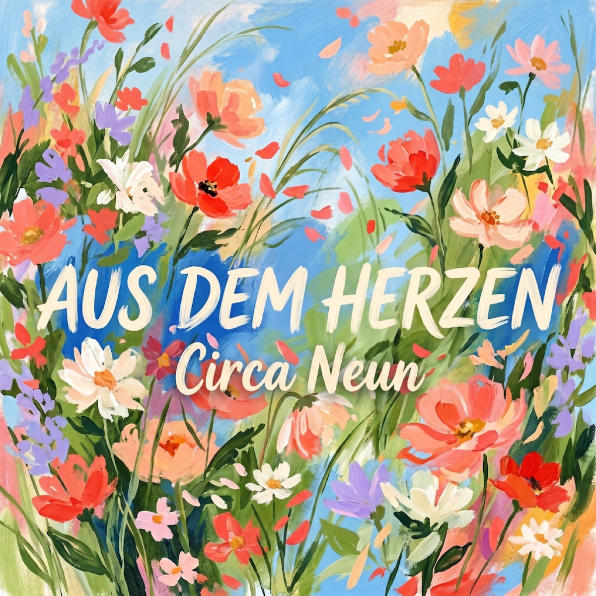 Albumcover „Aus dem Herzen“ von Circa Neun: gemalte Wiesenblumen vor blauem Himmel.